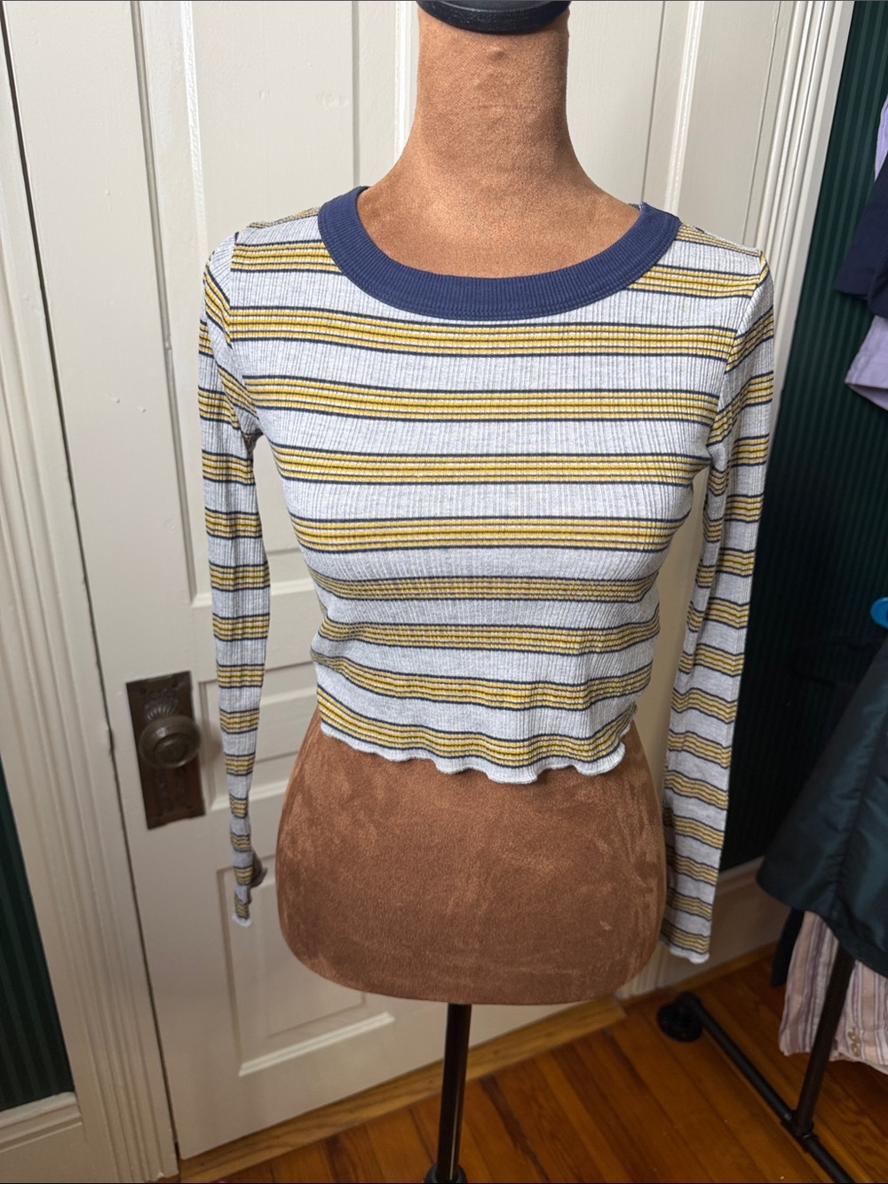 Striped Ribbed Long-Sleeve Crop Top - White, Yellow & Blue